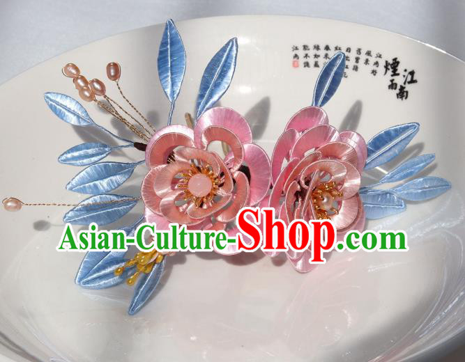 Chinese Ancient Palace Princess Hairpin Traditional Song Dynasty Pink Silk Camellia Hair Stick Headwear