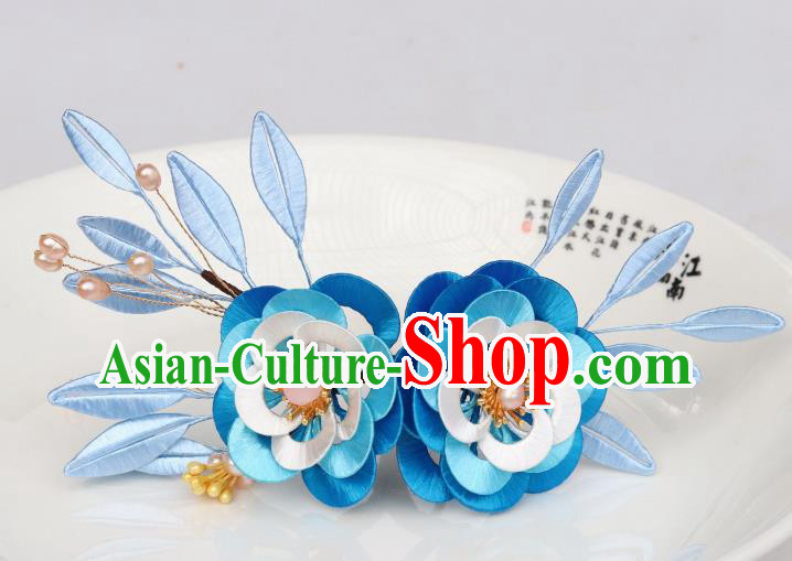 Chinese Ancient Court Lady Pearls Hairpin Traditional Song Dynasty Blue Silk Camellia Hair Stick