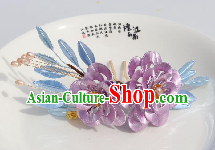Chinese Ancient Palace Beauty Lilac Silk Camellia Hairpin Traditional Song Dynasty Pearls Hair Stick