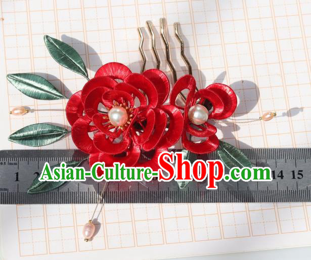 Chinese Ancient Princess Red Silk Peony Hairpin Traditional Ming Dynasty Wedding Bride Pearls Hair Stick