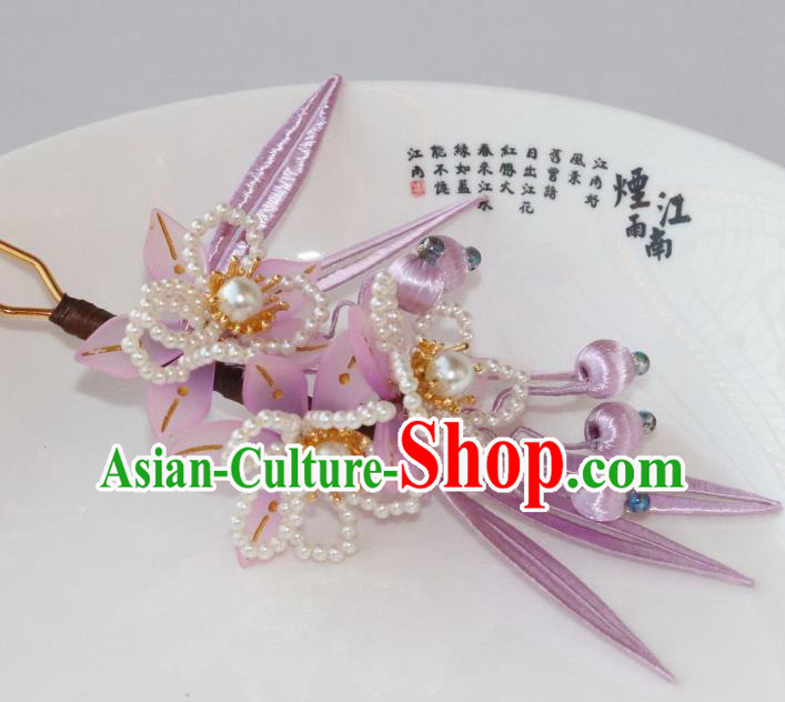Chinese Ancient Princess Pearls Peach Blossom Hair Stick Traditional Ming Dynasty Lilac Silk Bamboo Leaf Hairpin