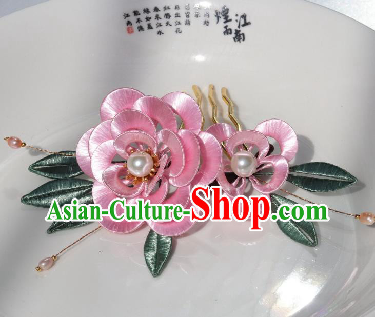 Chinese Ancient Court Princess Pearls Hairpin Traditional Ming Dynasty Pink Silk Peony Hair Comb