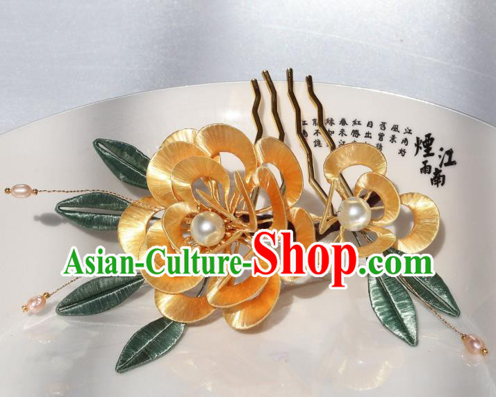 Chinese Ancient Hanfu Golden Silk Peony Hairpin Traditional Ming Dynasty Princess Pearls Hair Comb