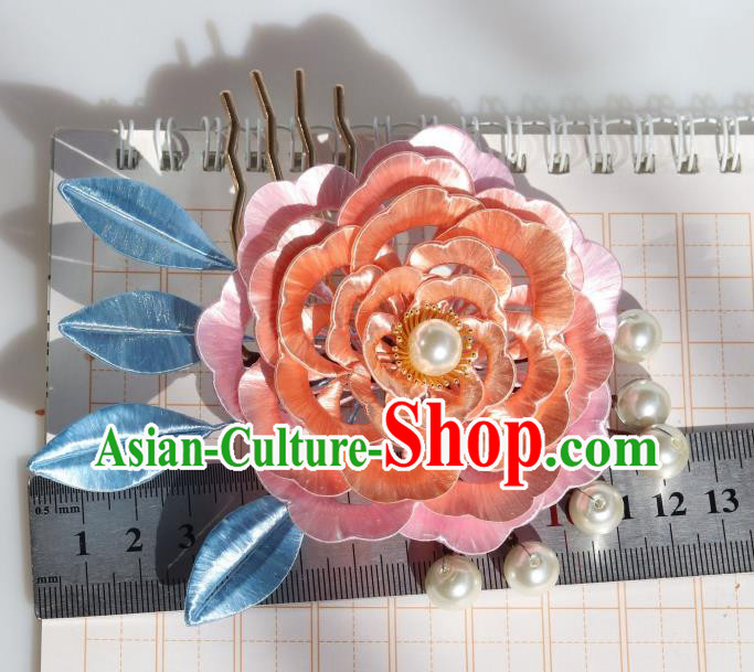 Chinese Ancient Imperial Concubine Hairpin Traditional Tang Dynasty Court Lady Pink Peony Hair Comb