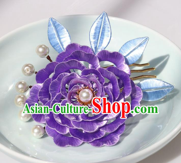 Chinese Traditional Tang Dynasty Court Lady Purple Peony Hair Comb Ancient Imperial Concubine Hairpin