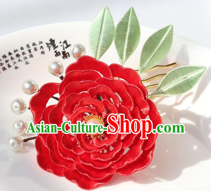 Chinese Traditional Hanfu Red Peony Hairpin Tang Dynasty Imperial Concubine Hair Comb Ancient Court Lady Hair Accessories