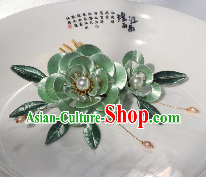 Chinese Ancient Young Beauty Green Silk Peony Hairpin Traditional Ming Dynasty Princess Pearls Hair Comb