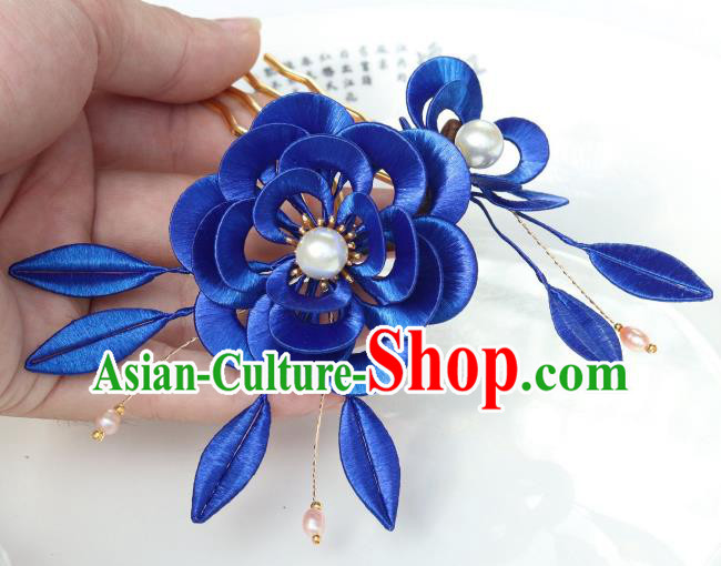 Chinese Ancient Princess Royalblue Silk Peony Hairpin Traditional Ming Dynasty Court Woman Hair Comb