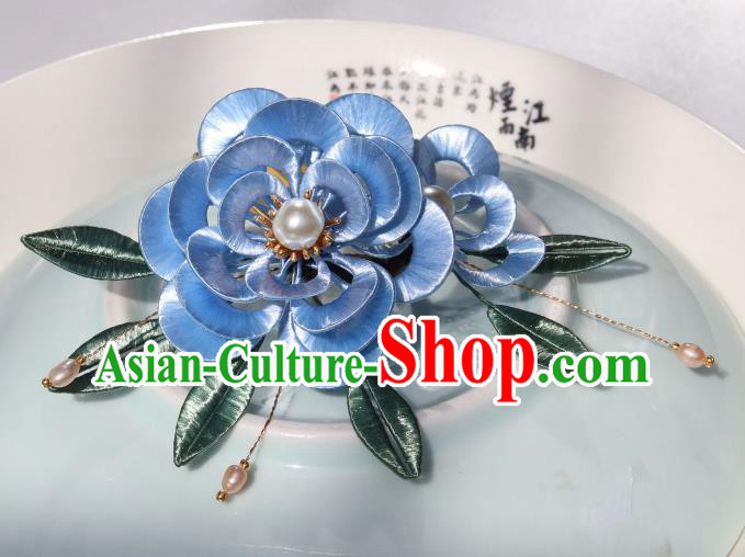 Chinese Ancient Palace Princess Pearls Hairpin Traditional Ming Dynasty Court Woman Blue Peony Hair Comb