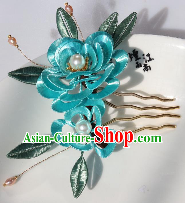Chinese Ancient Court Woman Lake Blue Peony Hairpin Traditional Ming Dynasty Princess Hair Comb
