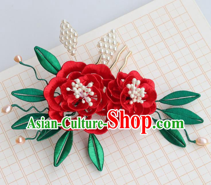 Chinese Handmade Red Silk Peony Hair Comb Ancient Song Dynasty Court Woman Pearls Hairpin