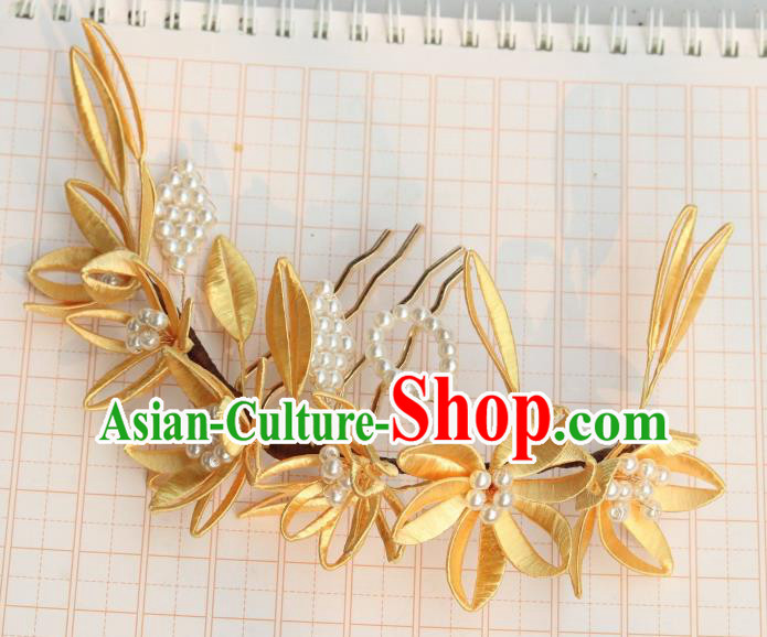 Chinese Ancient Ming Dynasty Empress Pearls Hairpin Handmade Yellow Silk Lily Flowers Hair Comb