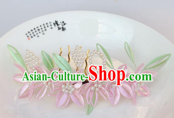Chinese Handmade Ancient Empress Pink Silk Flowers Hair Comb Ancient Ming Dynasty Princess Hair Stick
