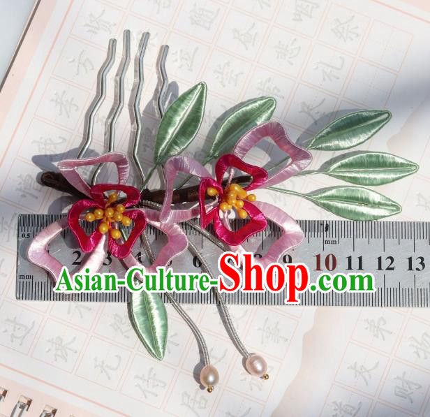 Chinese Handmade Ancient Young Lady Hairpin Ming Dynasty Princess Pink Silk Flowers Hair Stick