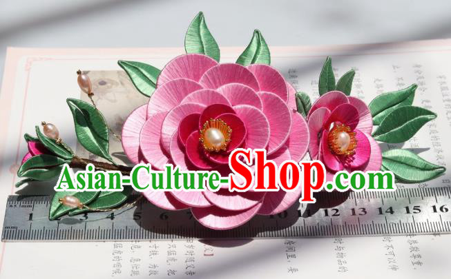 Chinese Ancient Court Lady Pearls Hairpin Handmade Ming Dynasty Princess Rosy Camellia Hair Comb