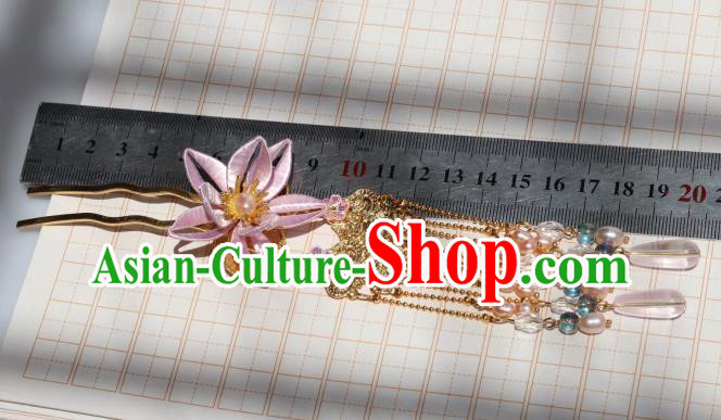 Chinese Ancient Infanta Pink Peach Blossom Hairpin Handmade Ming Dynasty Princess Tassel Hair Stick