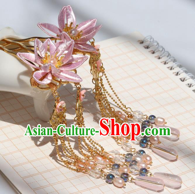 Chinese Ancient Infanta Pink Peach Blossom Hairpin Handmade Ming Dynasty Princess Tassel Hair Stick