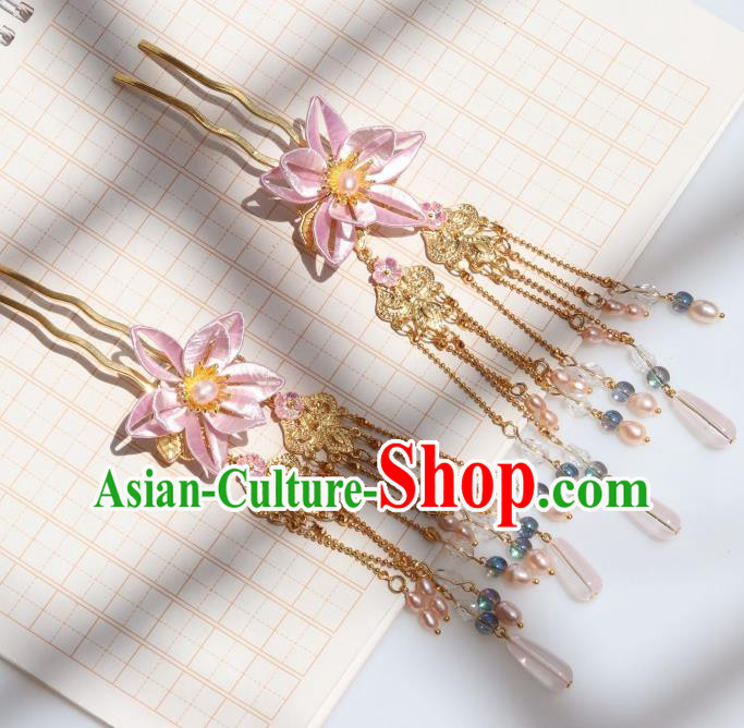 Chinese Ancient Infanta Pink Peach Blossom Hairpin Handmade Ming Dynasty Princess Tassel Hair Stick