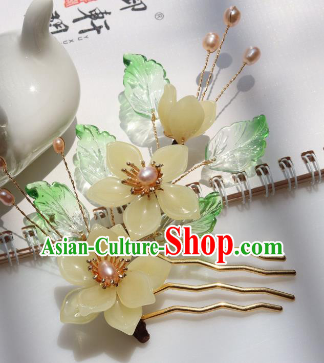 Chinese Handmade Yellow Peach Blossom Hair Comb Ancient Royal Princess Pearls Hairpin Headwear
