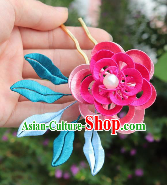 Chinese Handmade Hanfu Hair Accessories Ancient Royal Princess Rosy Silk Peony Hairpin Headpiece