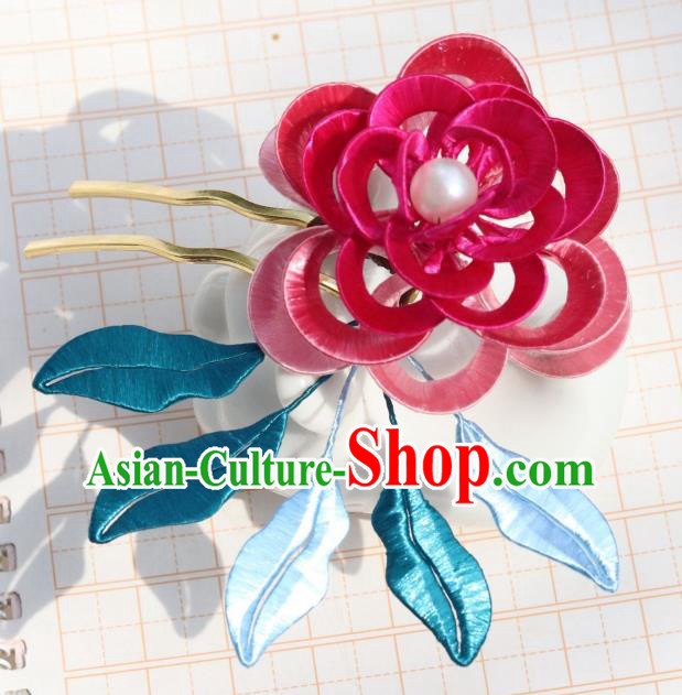 Chinese Handmade Hanfu Hair Accessories Ancient Royal Princess Rosy Silk Peony Hairpin Headpiece