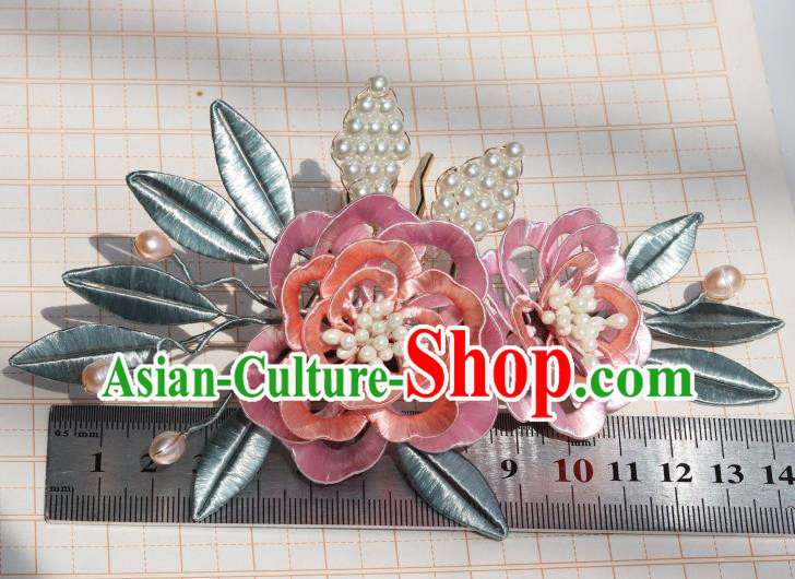 Chinese Traditional Ming Dynasty Pink Silk Peony Hairpin Ancient Princess Pearls Hair Comb