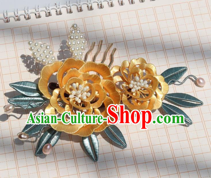 Chinese Ancient Palace Lady Pearls Hair Comb Traditional Ming Dynasty Yellow Silk Peony Hairpin