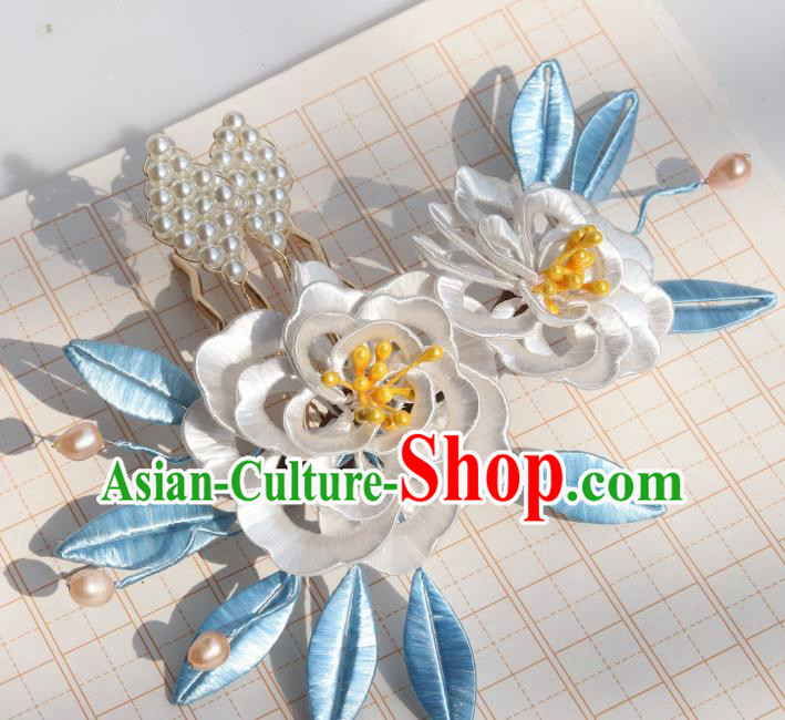 Chinese Ancient Imperial Concubine Hairpin Traditional Ming Dynasty White Silk Peony Hair Comb