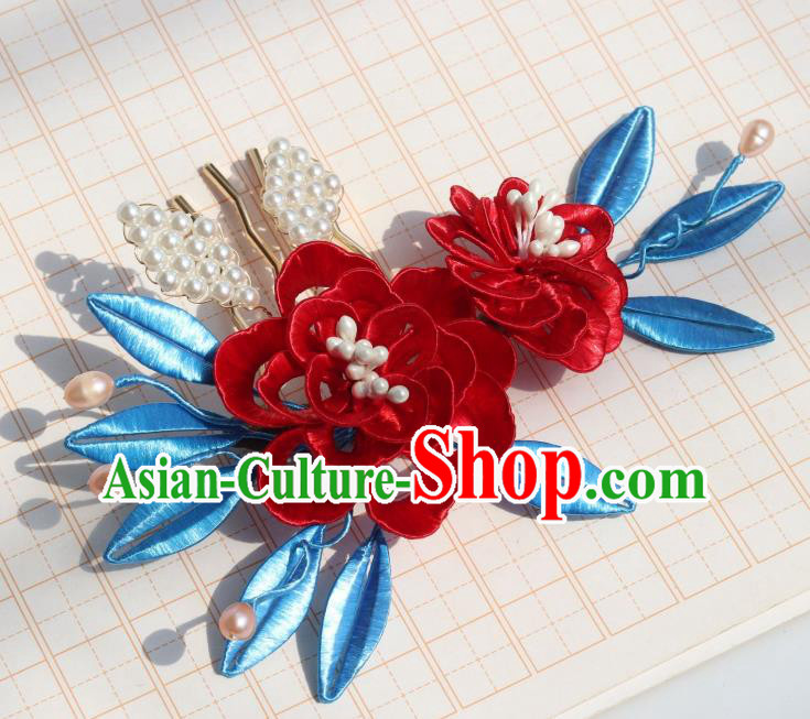 Chinese Handmade Red Peony Hair Comb Ancient Ming Dynasty Court Princess Hairpin