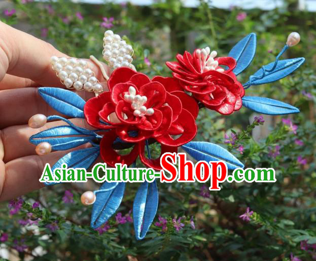 Chinese Handmade Red Peony Hair Comb Ancient Ming Dynasty Court Princess Hairpin