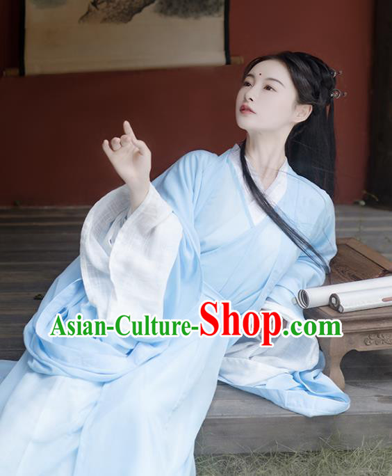 China Ancient Goddess Blue Chiffon Hanfu Dress Garment Traditional Jin Dynasty Princess Historical Clothing