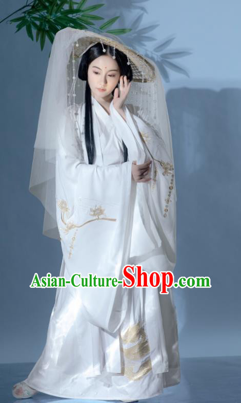 China Ancient Swordswoman White Hanfu Dress Clothing Traditional Jin Dynasty Princess Historical Costumes and Hat