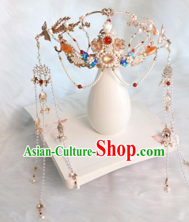 Chinese Ancient Court Lady Tassel Hair Crown Traditional Ming Dynasty Princess Pearls Phoenix Coronet