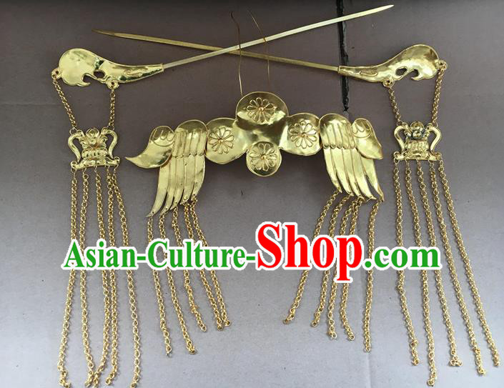 Chinese Ancient Bride Wedding Hairpins Traditional Ming Dynasty Empress Golden Tassel Hair Crown