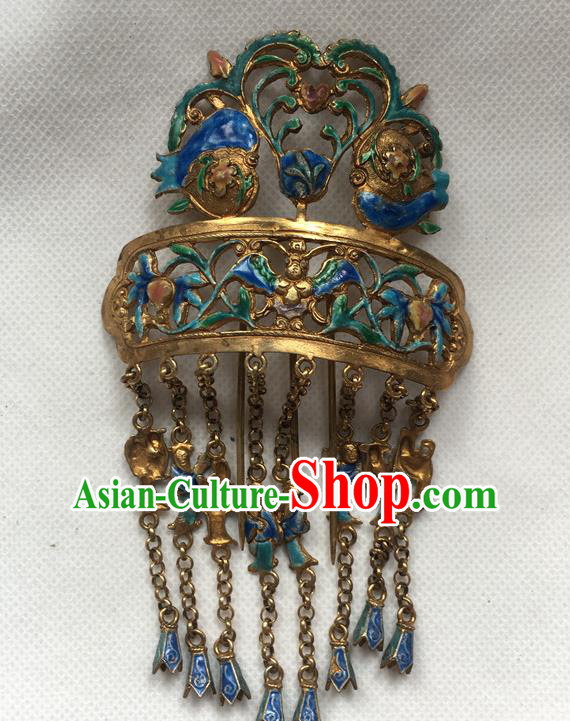 Chinese Ancient Imperial Concubine Hairpin Headwear Traditional Qing Dynasty Blueing Tassel Hair Comb