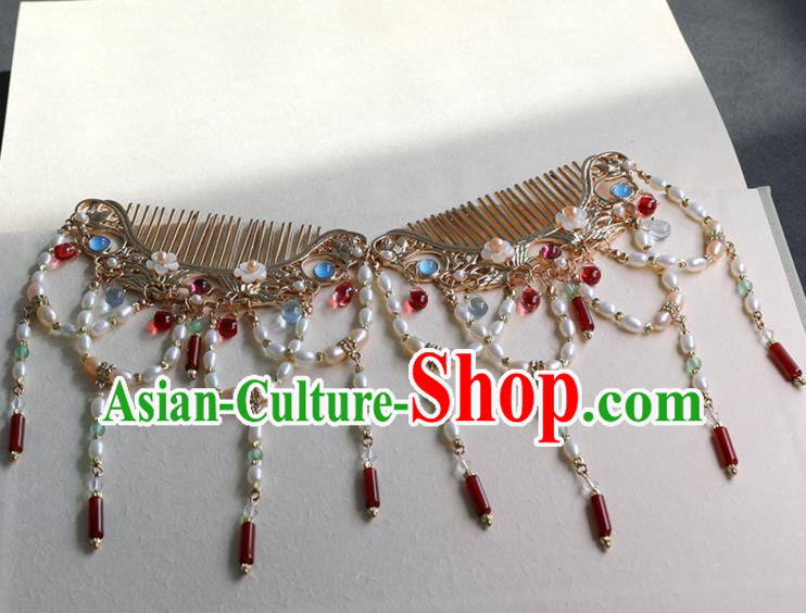 Chinese Ancient Court Princess Golden Hairpin Traditional Song Dynasty Pearls Tassel Hair Comb