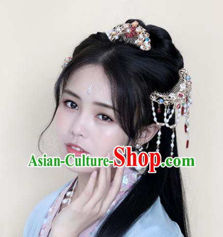 Chinese Ancient Court Princess Golden Hairpin Traditional Song Dynasty Pearls Tassel Hair Comb