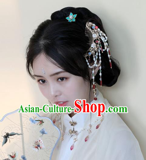 Chinese Ancient Court Princess Golden Hairpin Traditional Song Dynasty Pearls Tassel Hair Comb