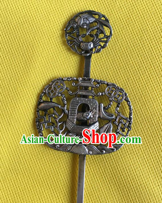 Chinese Ancient Empress Hairpin Headwear Traditional Qing Dynasty Silver Carving Carp Dragon Gate Hair Stick