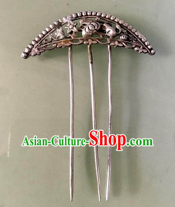 Chinese Ancient Imperial Concubine Hairpin Traditional Qing Dynasty Silver Carving Pumpkin Hair Comb Headwear