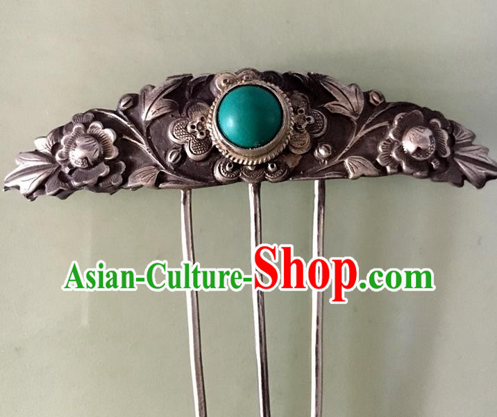 Chinese Ancient Court Woman Hairpin Traditional Qing Dynasty Silver Hair Comb Headpiece
