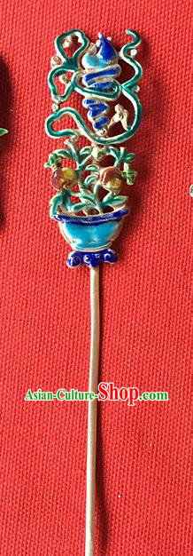 Chinese Ancient Court Woman Silver Hairpin Traditional Qing Dynasty Queen Cloisonne Flowerpot Hair Stick