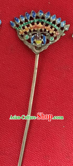 Chinese Ancient Royal Princess Cloisonne Peacock Hairpin Traditional Qing Dynasty Palace Lady Silver Hair Stick