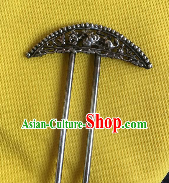 Chinese Ancient Palace Lady Hairpin Headwear Traditional Qing Dynasty Silver Carving Chrysanthemum Hair Stick
