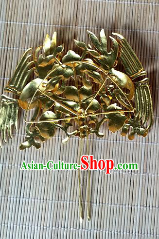 Chinese Ancient Court Beauty Hairpin Traditional Ming Dynasty Empress Golden Phoenix Hair Stick Headdress