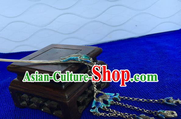 Chinese Ancient Princess Silver Tassel Hairpin Traditional Ming Dynasty Cloisonne Dragon Hair Stick
