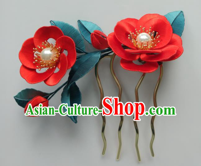 Chinese Traditional Ming Dynasty Pearls Hairpin Hair Accessories Ancient Princess Red Silk Camellia Hair Comb