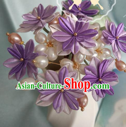 Chinese Ancient Princess Pearls Hair Stick Song Dynasty Hair Accessories Traditional Purple Silk Hydrangea Hairpin