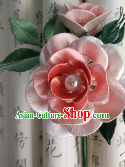 Chinese Song Dynasty Hair Accessories Ancient Princess Hair Stick Traditional Pink Silk Camellia Hairpin