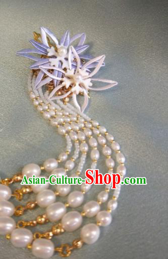 Chinese Ancient Princess Pearls Tassel Hair Comb Traditional Silk Flowers Hairpin Ming Dynasty Hair Accessories